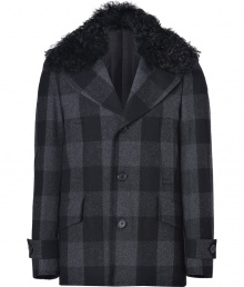 Channel cool winter style in Michael Kors fur collar plaid coat, the perfect choice for city and country looks alike - Notched lapel with button-on goat fur collar, long sleeves, buttoned tabbed cuffs, slit and flap pockets, button-down front, quilted lining - Tailored fit - Wear with rugged jeans and edgy leather lace-up boots