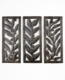 A fresh alternative to photos or prints, these handcrafted wall panels make a serious impact in recycled steel. Artists carve each with an intricate botanical motif inspired by the lush, tropical flora of Haiti.