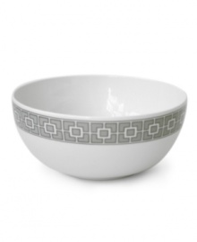 Anything but square, the Nixon serving bowl from Jonathan Adler's collection of serveware and serving dishes shapes things up with a fantastic geo print in gray, white and dazzling platinum.