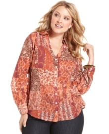 Sport a vintage spirit with Lucky Brand Jeans' long sleeve plus size shirt, featuring a patchwork-print.