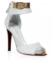 The sandal goes modern with this bold iteration from Sergio Rossi - Peep-toe, dual ankle strap with gold-tone detailing, stacked wooden heel, back zip closure - Style with a figure-hugging cocktail dress or skinny cropped trousers