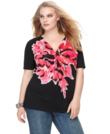 A bold floral print and seductive sequins upgrade a plus size top from INC!