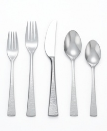 Best quality for a best-set table. Made of 18/10 stainless steel, Gorham's Biscayne flatware features hammered handles for modern shine. Service for 12 and equally chic serveware outfit the everyday and entertaining table.