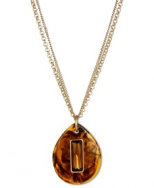 Get vintage appeal with Kenneth Cole New York's chic pendant necklace. Features a teardrop-shaped tortoise pendant with a tonal glass stone strung on double chains. Set in gold tone mixed metal. l. Approximate length: 18 inches + 3-inch extender. Approximate drop: 2-1/10 inches.