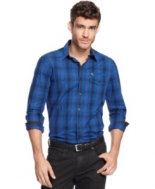 A hip checkered pattern and classic elbow patches give this Kenneth Cole New York button down its unique style.