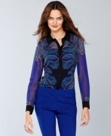 A swirling, whirling print and subtly sheer fabric takes INC's classic button-front shirt to the next level of chic!