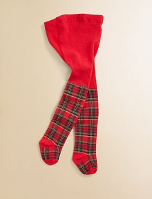 Opaque, stretch tights adorned with a festive tartan print.Elastic waistSmooth from waist to hips49% polyester/48% cotton/3% spandexMachine washMade in USA