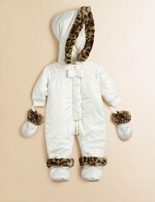 Keep baby safe from the elements and extra toasty in this pearlized nylon ripstop snowsuit with snap-off hood, mittens and booties featuring faux fur trim.Zip-off hood with faux fur trimStand collarLong sleeves with snap-off mittensPartially concealed zip-front and backRibbed cuffs and hemSnap-off booties with faux fur trimFully linedNylonMachine washImported Please note: Number of snaps may vary depending on size ordered. 