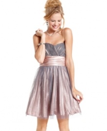 A tulle overlay creates a lovely two-tone effect on this strapless a-line party dress from Roberta!