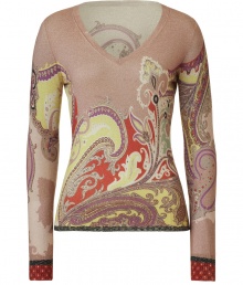 Perennially elegant paisley gets a graphic, color-infused kick with Etros silk and cashmere pullover - Classically chic in a muted pink with bold splashes of orange, yellow and purple - Long, fitted sleeves with decorative contrast trim and flattering v-neck - Slim silhouette tapers through waist - Versatile and sophisticated, seamlessly transitions from work to weekend - Pair with streamlined cigarette pants, skinny denim, pencil skirts and cropped trousers