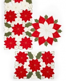 Delightfully festive Homewear Puffy Poinsettia collection rectangular placemats feature three-dimensional embroidery that make the classic poinsettia shapes come alive. Plus, the decorative gold stitching makes the holiday-bright reds and greens really pop, making your holiday table all the more bright. (Clearance)