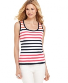 Spring into style this season in this Jones New York Signature tank top, featuring bright stripes. Pair it with the matching cardigan to make a twinset!