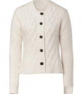 Casual daytime looks get refined redux with By Malene Birgers ivory cable knit cardigan, detailed in an soft textural angora mix for ultra cozy results - Rounded neckline, long sleeves, ribbed trim, button-down front, horn-effect buttons, side slits, cropped boxy fit - Pair with favorite skinnies, or layer over feminine dresses for work