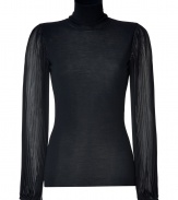 After-dark looks get a decidedly feminine finish in Emilio Puccis ultra glamorous soft wool pullover, finished with pleated long sleeves in exquisitely chic billowing sheer silk - Turtleneck, long pleated sleeves, gathered buttoned cuffs, slim straight fit - For a futuristic finish, team with jet black separates and a shimmer of metallic accessories