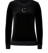 Inject luxe style into your casual-cool looks with Juicy Coutures rhinestone embellished pullover, detailed with metallic logo buttoned shoulders for that contemporary-classic edge - Rounded neckline, long sleeves, tonal trim, fitted cuffs and hemline - Slim straight fit - Layer over tees and leggings, and super soft shearling lined boots