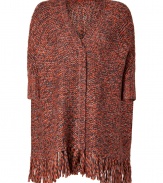 Cover up in ultra luxe style in Anna Suis fringed oversized knit cardigan - V-neckline, 3/4 dolman sleeves, ribbed trim, hidden front closures, fringed hemline - Easy draped fit - Layer over tissue tees with figure-hugging trousers and statement ankle boots