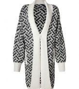 Ultra cozy with cool modern patterning, Rachel Zoes open cardigan is a contemporary choice for wearing both indoors and out - Open shawl collar, cream ribbed trim, front slit pockets - Long, oversized silhouette - Wear with everything from tees and jeans to feminine blouses, leggings and statement chunky leather belts