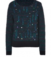 Perfect for your holiday affairs, Vanessa Brunos jewel and glitter embellished pullover counts as a festive must-have - Round neckline, long sleeves, solid black ribbed cuffs and hemline, front tonal jewel and glitter cluster embellishment - Slim fit - Wear with edgy separates and just as bright accessories