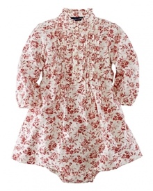 Sweet ruffles and a delicate floral print lend a sweet appeal to the vintage-inspired brushed cotton twill dress.