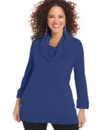 Snuggle up in the cozy comfort of JM Collection's long sleeve plus size sweater, finished by a cowl neckline.