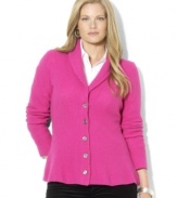 Lauren Ralph Lauren's soft knit plus size cardigan is crafted with a heritage shawl collar and elegant peplum hem for feminine style.