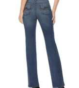 Style&co.'s bootcut jeans look relaxed and totally cute with subtle rhinestone studding around the pockets! A tummy control panel provides support where you want it, too. (Clearance)