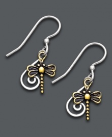 Petite and precocious. Jody Coyote's high-flying style features cut-out bronze dragonflies against a sterling silver swirl setting. Approximate drop: 1 inch.