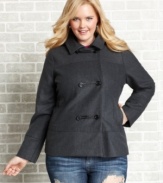 Bundle up this season with Dollhouse's plus size toggle jacket, including a hood for added warmth.