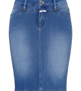 Sleek bright blue denim pencil skirt from Closed -Add instant chic to your wardrobe basics with this sultry denim skirt - Classic pencil silhouette with five pocket styling, belt loops, zipper fly - Style with an oversized tee, a boyfriend cardigan, ribbed tights, and wedge booties