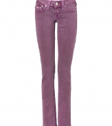 Colorful jeans are de rigueur this season, and True Religions purple pants offer a chic twist on summer staple - Faded, antique rinse has a look of well-worn chic - Low rise, with belt loops, zip fly and button closure - Flattering signature  triangular flap pockets at rear and right hip - Straight, slim leg - Pair with  t-shirts, button downs and silk blouses