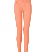 A tried and true favorite of the fashion set detailed in bright neon Japanese twill, these J Brand jeans are easy and flattering with a skinny leg and just the right amount of stretch - Classic five-pocket style, zip fly, button closure, belt loops - Slim fit - Wear with a pullover, leather jacket, and booties