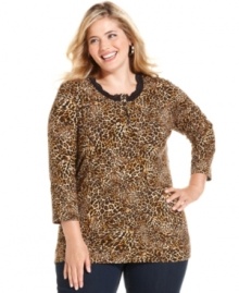 Capture the classic elegance of safari styling with Jones New York Signature's plus size henley top, featuring a leopard print.