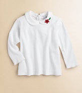 A delicate picot trim and floral appliqué adds charm to this versatile knit top.Peter pan collarLong sleevesBack zipperRuffled hemCottonMachine washImported