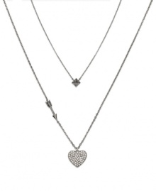 Set your sights on true love. This Juicy Couture necklace features a double strand chain with crystal-embellished bow and arrow charms. Crafted in silver tone mixed metal. Approximate length: 32 inches + 3-inch extender. Approximate drop: 3/4 inch.