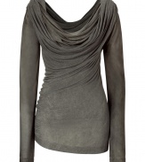 Luxurious top in fine silver-grey rayon - Wonderfully soft and flattering with a slight luster - Slim, feminine cut with glamorous draped waterfall neckline - Cut nice and long - A dream top for classy parties and events - With leather pants, a mini skirt, evening trousers