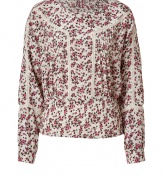 Stylish top in fine ecru viscose - Fashionable floral print - Slim, but casual cut, with feminine piping and figure-flattering waist - Simple round neck, long sleeves - Brilliant everyday top, you can  wear in the office and for leisure - With wide, flared trousers, jeans, khakis