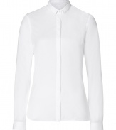 Elegant blouse made ​.​.of fine cotton - In wonderfully fresh and elegant, classic white - Feminine blouse cut with a small collar, figure-flattering waist and long sleeves - Covered button placket - A modern classic, ever-ready to wear - A favorite basic for the office, leisure and evening, works with a pant suit, an elegant skirt, jeans