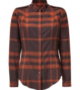 The classic check gets a cool modern update in Burberry Brits autumnal hued stretch cotton shirt - Small classic collar, long sleeves, buttoned cuffs, button-down front, epaulettes, shirttail hemline, tailored fit - Tuck into sleek tailored trousers for an everyday elegant finish