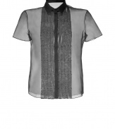 Ultra delicate and equally feminine, Jil Sander Navys sheer silk top is a cool choice for work to cocktails chic - Cutaway collar, short sleeves, pleated button-down front, sheer - Relaxed boxy fit - Team with a lacy camisole and sleek tailored separates for work