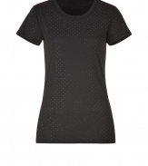 Easy and chic with allover stud-like embellishment, DKNYs black tee counts as an edgy addition to casual and cocktail looks alike - Round neckline, short sleeves - Fitted - Wear with everything from jeans and flats to pencil skirts and platforms