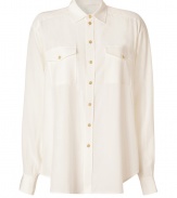 A cool basic perfect for dressing up or down, Josephs soft washed silk top is as chic as it is versatile - Classic collar, long sleeves, buttoned cuffs, button-down front, buttoned flap pockets, gold-toned buttons, slit sides, shirttail hemline, longer back - Loose fit - Wear with leather leggings and booties to work