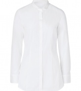 With its crisp cotton stretch and pristine petite collar, Brunello Cucinellis long sleeve shirt is a sleek choice for effortless everyday elegance - Petite mandarin-style collar, long sleeves, buttoned cuffs, hidden front button panel, shirttail hemline - Tailored fit - Wear with slim-fit separates, a luxe cashmere knit and ankle boots