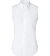 With a clean tailored look and timeless-classic styling, Ralph Laurens sleeveless white button-down counts as work-to-weekend must - Pointed collar, sleeveless, button-down front, shirttail hemline - Tailored fit - Wear with a pencil skirt and blazer for a chic work look, or try with a casual pullover and jeans for off-duty days