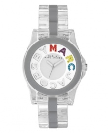 Colorful crystals up the ante on this chilled-out watch by Marc by Marc Jacobs. Translucent nylon bracelet with center links of gray silicone. Round stainless steel case covered in translucent nylon with gray bezel. White dial features white and multicolored crystal-accented logo letters at markers, white hour and minute hands and gray second hand. Quartz movement. Water resistant to 30 meters. Two-year limited warranty.