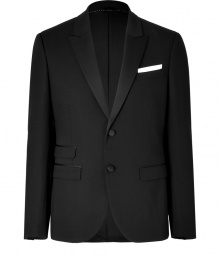 Effortlessly elegant, this classic wool tuxedo blazer adds unfettered sophistication to any ensemble - Satiny notched lapels, long sleeves, two-button closure, flap pockets at waist, double back vent, slim fit - Pair with matching trousers and a sleek button down or a tee and jeans