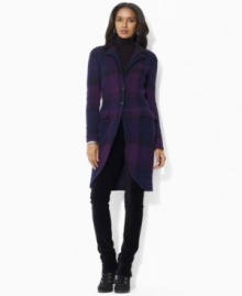 Inspired by smartly tailored haberdashery looks, this Lauren by Ralph Lauren top coat channels modern sophistication in a jersey-knit stretch merino wool and angora blend finished with touches of velvet and a classic plaid pattern.