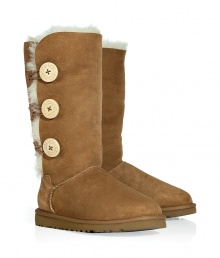 Logo-detailed buttons and an easy-to-style tall length makes these cozy-chic shearling boots from UGG Australia a cold weather must-have- Round toe, rugged rubber sole, cozy shearling lining, back logo detail, mid-shaft length, three-button side closure - Pair with skinny jeans, an oversized cashmere sweater, and a down jacket or wool cape