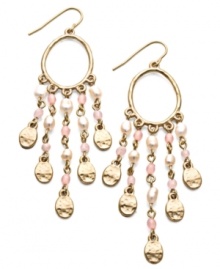 Polished to perfection. Lauren by Ralph Lauren's gorgeous hoop earrings feature a chic chandelier-style with the addition of drops crafted from freshwater pearls (4 mm) and light pink jade accents. Set in gold tone mixed metal. Approximate drop: 3 inches.