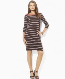 Designed with sleek stripes and a bright burst of color at the neckline, this essential Lauren by Ralph Lauren dress evokes easy glamour in light-as-air cotton jersey.