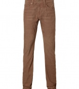 Stylish pant in fine wale tobacco corduroy - Modern slim cut - Light whisker detail - Traditional five pocket style with button closure and belt loops - Pair with t-shirts or denim button downs and trainers - Inseam: 34.3 Front rise: 10.6 - Back rise: 14.2 - Width of legs: 7.9 - Measured in size 32 Material: 100%Cotton